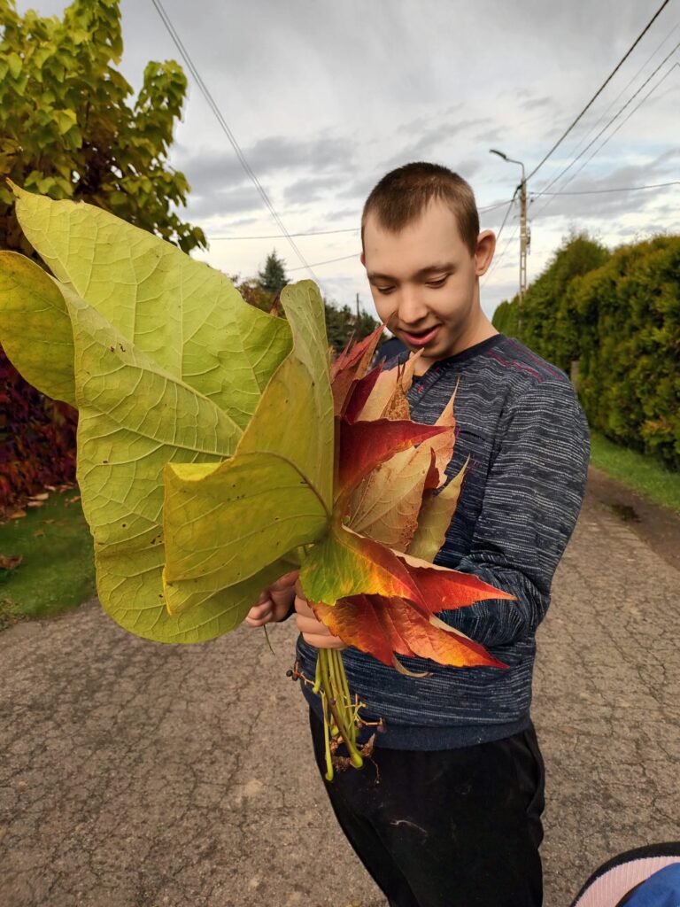 Chłopiec z bukietem z liści 