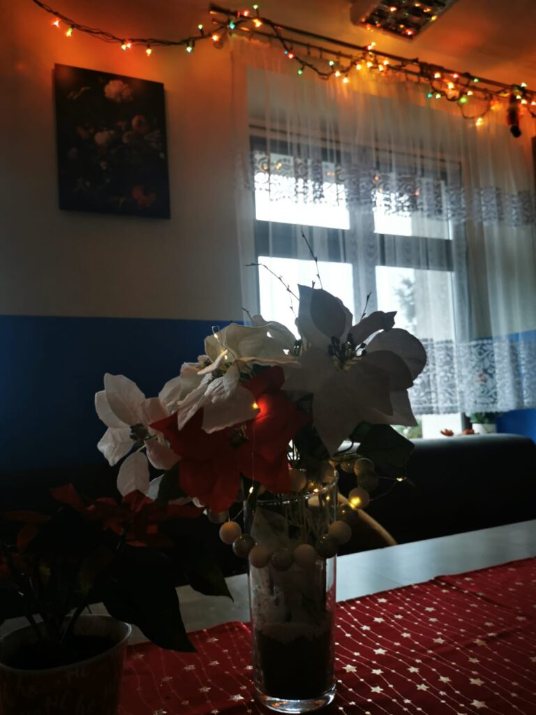 Świąteczna dekoracja: stół z wazonem z kwiatami. Nad oknami wiszą zaświecone lampki. 