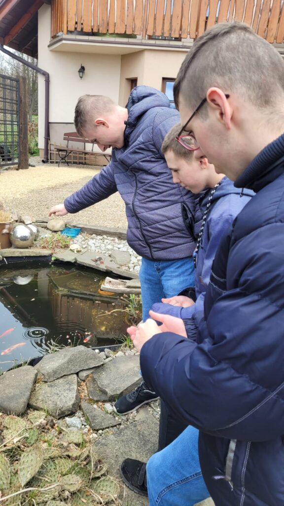 Chłopcy karmiący ryby w oczku wodnym. 