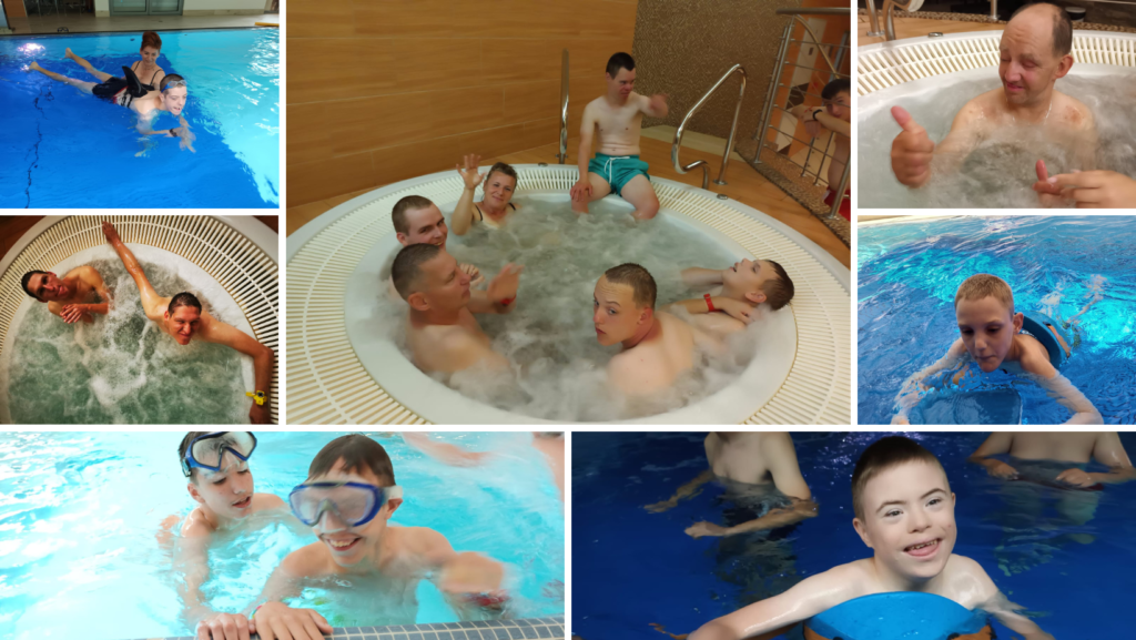 Składanka złożona z 7 zdjęć w tym 3 zdjęcia, na których chłopaki są w jacuzzi i 4 zdjęcia na których pływają 