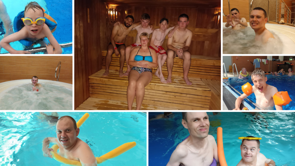 Składanka złożona z 7 zdjęć w tym 1 zdjęcie przedstawiające grupę osób w saunie, dwa z chłopakami w jacuzzi i reszta z pływania w basenie 
