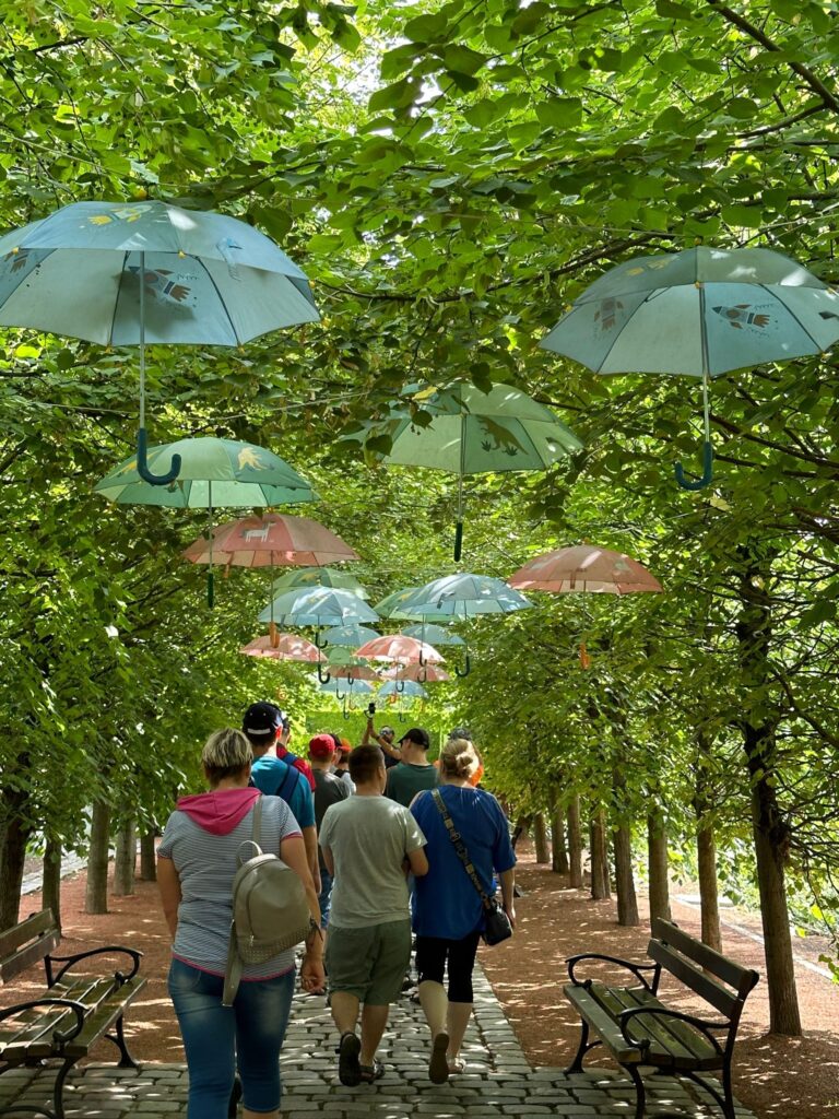 grupa osób idąca chodnikiem pod koronami drzew, na których zawieszone są kolorowe parasole 