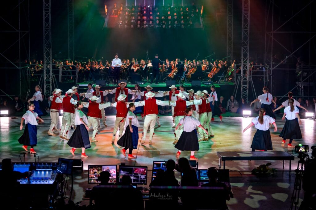 Duża grupa osób w strojach ludowych podczas tańca na scenie. 
