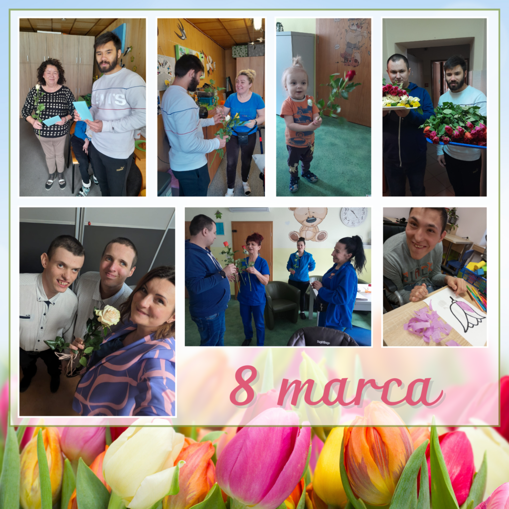 Kompozycja składająca się 7 zdjęć, na których chłopcy wręczają pracownicom domu oraz  kwiaty i kartki. Poniżej napis 8 marca i grafika z tulipanami. 